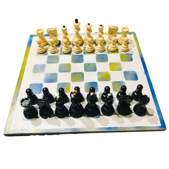 Large Painted Chess Set - Blue/Yellow & White - Picture 1 of 11